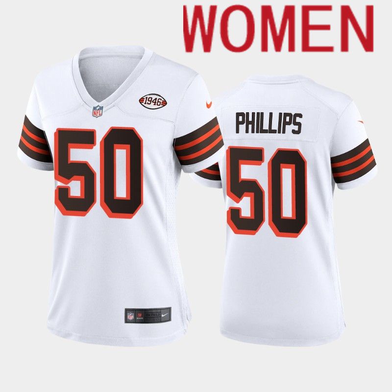 Women Cleveland Browns #50 Phillips Nike White 1946 Collection Alternate Game NFL Jersey->women nfl jersey->Women Jersey